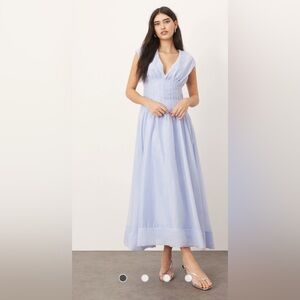 ARRANGE organza pleat waist midi dress with tie back detail in light blue